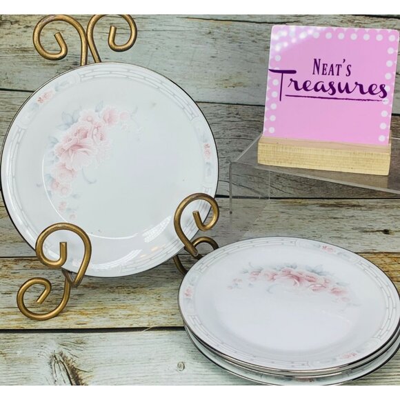 Noritake CARTHAGE Pink Flower Gray Leaves Coupe Porcelain Bread Side Plate Set 4 - Picture 1 of 11